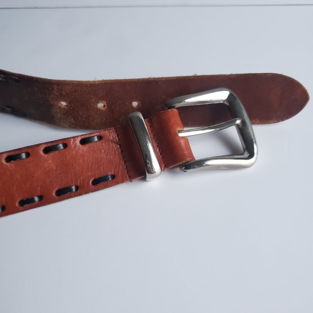 Vintage Brown Leather Belt w/ Black Contrast Stitch Silver Buckle by ASK
